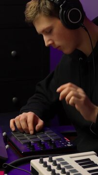 Focused producer composing electronic music using MIDI keyboard and computer setup, vertical rhythm
