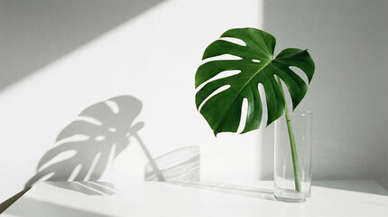 Single green monstera leaf in a transparent glass vase on white background, shadow play