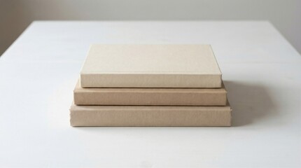 Stack of three books with plain covers and no text, arranged symmetrically on a white surface