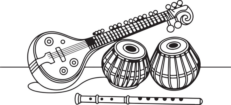 A minimalist vector illustration of essential North Indian musical instruments, capturing their traditional shapes and details in a clean, graphic style.