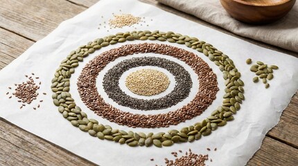 Natural whole grains and seeds (quinoa, chia, flax, pumpkin seeds) displayed in concentric circles on white parchment paper