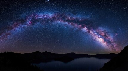 High-resolution starry night sky with a bright Milky Way stretching across the frame, deep blue and purple cosmic colors