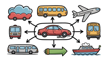 Transport illustration: A visual representation of various modes of transportation radiating outwards from a central car. This illustration showcases a diverse range of vehicles.