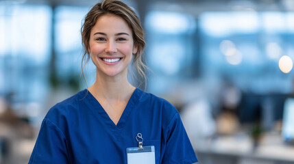 Close-up of a confident medical worker smiling, gentle lighting, clean background, scrubs and identification visible, positive healthcare and wellness concept