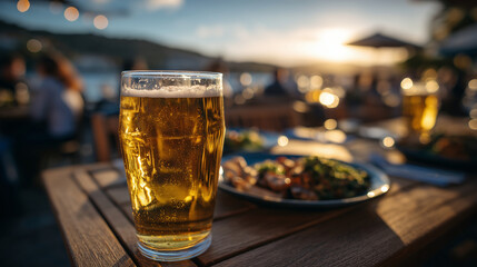 Outdoor evening gathering with friends, chilled beer glasses on wooden table, savory food spread, sunset casting golden light across smiling faces, vibrant atmosphere of togetherne