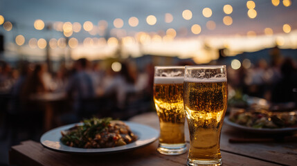 Outdoor celebration with beer and shared food, sunset sky glowing behind, warm light illuminating glasses and dishes, sense of friendship, joy, and togetherness