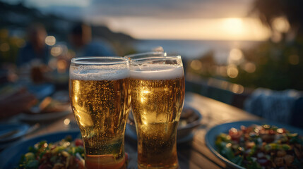 Close-up of beer glasses clinking together, foamy heads catching the sunset light, shared dishes of food visible on the table, warm glowing sky creating a festive and friendly mood