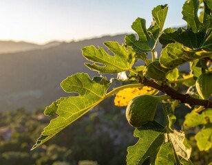 Unripe green figs and leaves on a tree branch at sunset