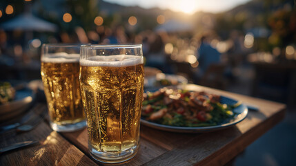 Outdoor evening gathering with friends, chilled beer glasses on wooden table, savory food spread, sunset casting golden light across smiling faces, vibrant atmosphere of togetherne