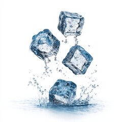Obraz premium Four realistic ice cubes dynamically splashing into water, creating vibrant ripples, water droplets, and refreshing cold action, isolated on a clean white background.
