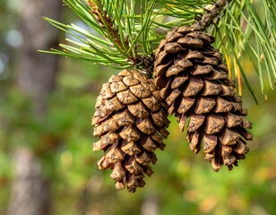 Close up of two pinecones on a pine branch with green needles