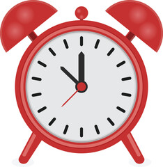A classic red alarm clock with twin bells is shown displaying a time near seven o clock vector icons
