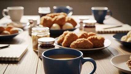 Cozy breakfast table with coffee jars fried chicken bread rolls and assorted snacks for a warm morning meal in a inviting setting perfect for casual dining or brunch time
