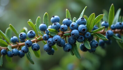 Eastern red cedar tree branch holds clusters of ripe blue berries. Coniferous plant foliage shows green leaves and dark blue fruit in selective focus. Nature scene concept.