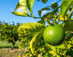 Unripe Green Lime on Branch in Sunny Citrus Orchard
