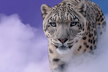 Fototapeta premium Snow leopard confidently strides through a soft, colorful mist, showcasing its striking features and unique fur patterns. Majestic wild animal in a surreal atmosphere.