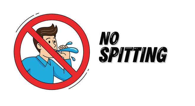 Informative warning sign with a cartoon man spitting inside a red prohibition circle and bold 'No Spitting' text.
