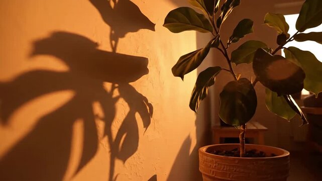 Gentle Shadows Cast By A Fiddle Leaf Fig Tree In A Softly Lit Interior At Sunset