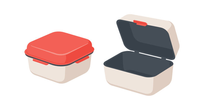 Isometric illustration of a reusable plastic lunch box, shown both open and closed with a red lid on a white background.