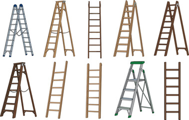 Set of Various Wooden and Metal Ladders Including Step Ladders Extension Ladders and Folding Ladders for Construction Repair and Home Maintenance