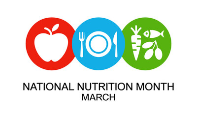 Obraz premium National Nutrition Month March typography with colorful healthy food icons of apple, carrot, and fish
