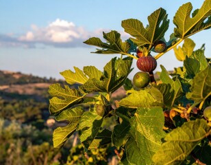 Ripe and Unripe Figs on Tree Branch with Green Leaves in Golden Sunlight