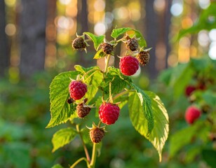 Ripe Red Raspberries on Bush in Golden Hour Sunlight