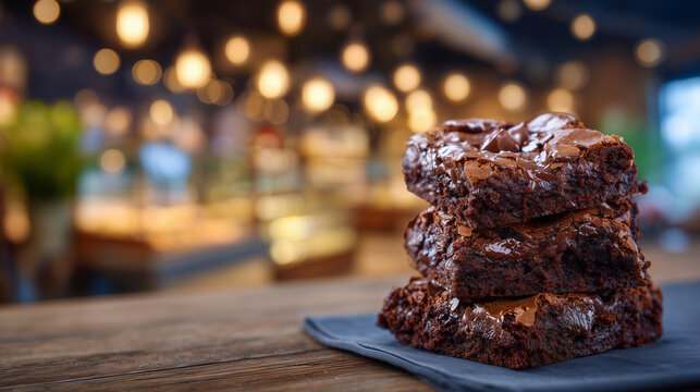 A tempting stack of freshly baked chocolate brownies, rich dark surface glistening under soft warm lighting, fudgy layers visible at the edges, cozy bakery atmosphere inviting indu