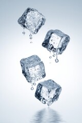 Obraz premium Dynamic close-up of four raw melting ice cubes dropping, splashing, and dripping water droplets against a bright blue-white background, symbolizing ultimate coldness and refreshment.