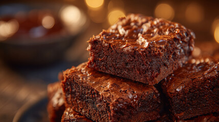 Cinematic view of chocolate brownies stacked neatly, glossy tops reflecting soft light, dense chocolate layers clearly visible, elegant and mouthwatering dessert presentation