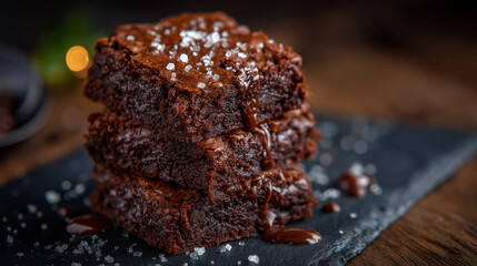 Chocolate brownies stacked with dramatic soft lighting, rich dark tones, moist texture glistening, inviting indulgence and comfort food nostalgia