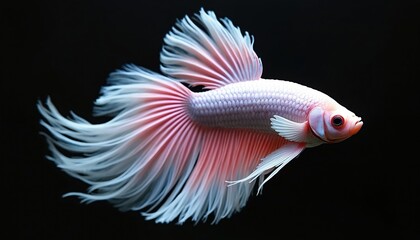 Fototapeta premium White fish with pink fins swims gracefully in dark water. Elegant betta moves with flowing tail and fins. Exotic aquatic pet displays vibrant colors against black.