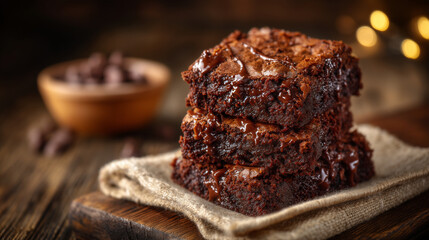 Chocolate brownies stacked with dramatic soft lighting, rich dark tones, moist texture glistening, inviting indulgence and comfort food nostalgia