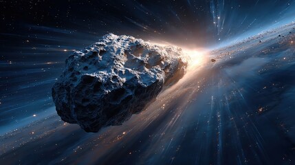 Asteroid travels through space with bright light in the background showing stars and cosmic dust at night