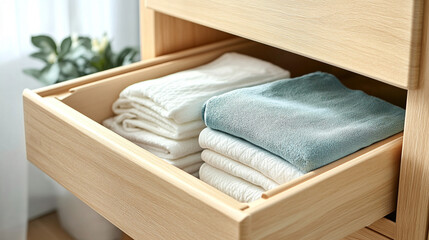 Neatly folded clothes in an open drawer, showcasing organized wardrobe interior, order, simplicity, and home lifestyle, emphasizing tidiness and daily routine.