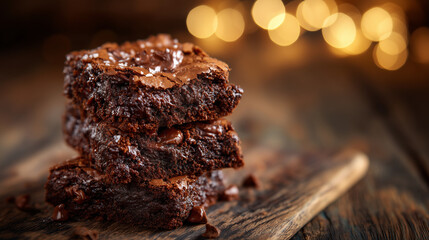 Fresh brownies piled in a tempting stack, fudgy centers visible between layers, warm bakery lighting highlighting shine and texture, indulgent chocolate dessert scene