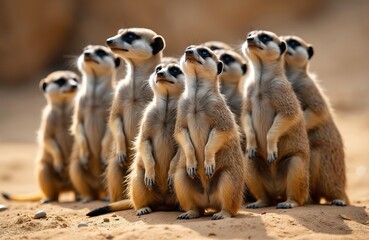 A group of meerkats stands alert on sandy ground. These small African mammals watch intently upwards, displaying their natural vigilance and social bonds in their desert habitat.