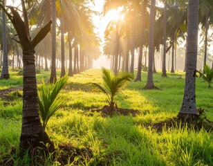 Golden sunbeams shining through tropical palm trees in a misty morning grove