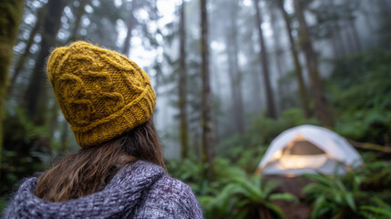 A person wearing a vibrant yellow beanie stands in a misty forest, gazing toward a camping tent glowing softly in the fog, tall trees fading into the background, early morning adve