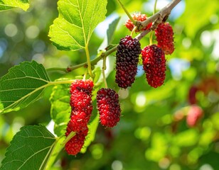 Fresh Ripe Mulberries on a Branch with Green Leaves in Sunlight