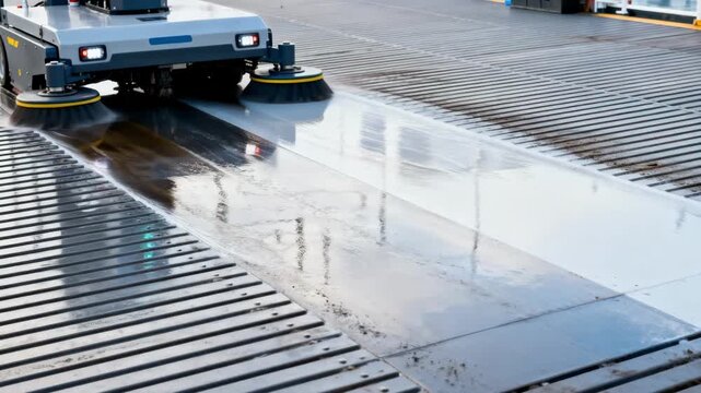 Medium shot featuring automated cleaning robots sweeping and scrubbing the deck ensuring a spotless surface for crew safety and maintenance.