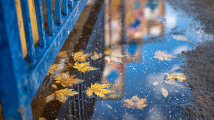Close-up of puddles on wet pavement, blue railings mirrored in the water, yellow and orange autumn leaves floating gently, industrial station textures softened by rain, reflective