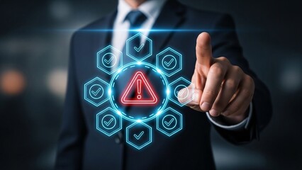 Businessman pointing at futuristic digital security alert interface with warning icon and hexagonal tech icons on transparent screen in modern office setting