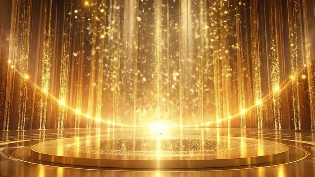 Golden Stage With Glowing Particles Falling and Light Streaks Against a Curtain Background