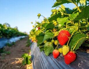 Ripe red strawberries growing on plants in a sunny field