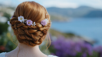 Back view of an intricate braided bridal hairstyle, pastel flowers delicately integrated, glossy smooth strands, soft-focus background, elegant wedding hair inspiration