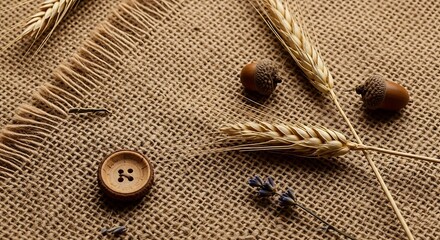 Natural autumn elements including wheat stalks, acorns, and a wooden button are arranged on burlap fabric