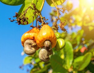 Ripe yellow cashew fruits on tree branch against blue sky
