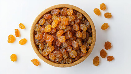 gold raisins in a bowl isolated on white background 