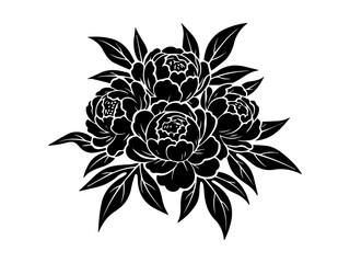 Black and white vector illustration of peonies and leaves 